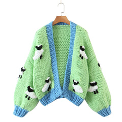 Animal Pattern Handmade Coarse Needle Knitted Long Sleeve Cardigan