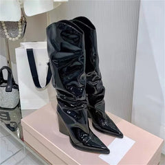 Pleated Chunky Heels Knee High Boots