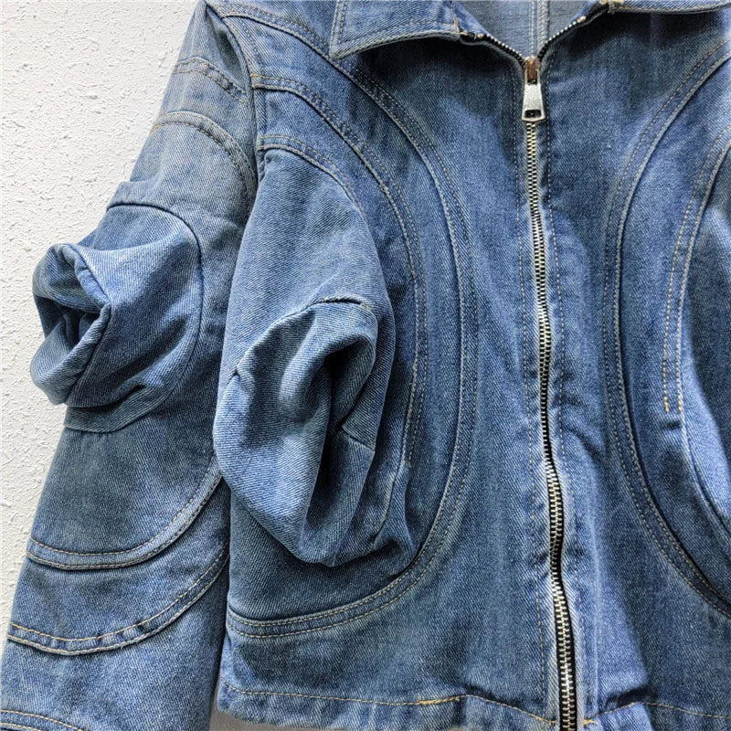 Casual Puff Sleeve Zip Denim Jacket