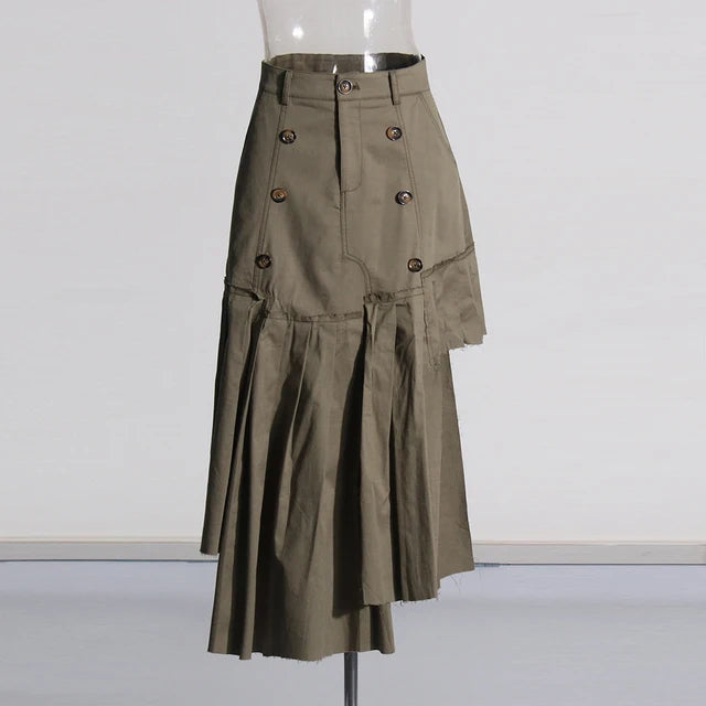 Asymmetrical Double Belt Trench Top + Pleated Skirt Set