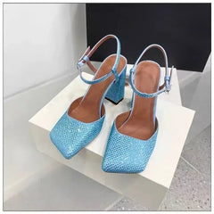 Rhinestone Chunky Heel Square Toe Sandals