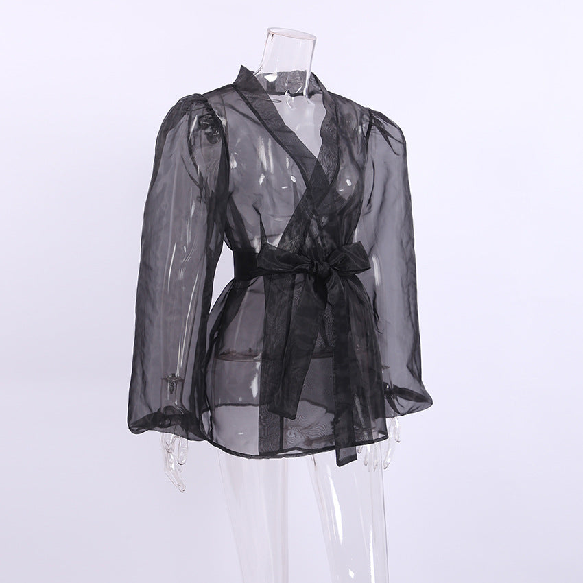Mesh Lace Up Waist Bow Top