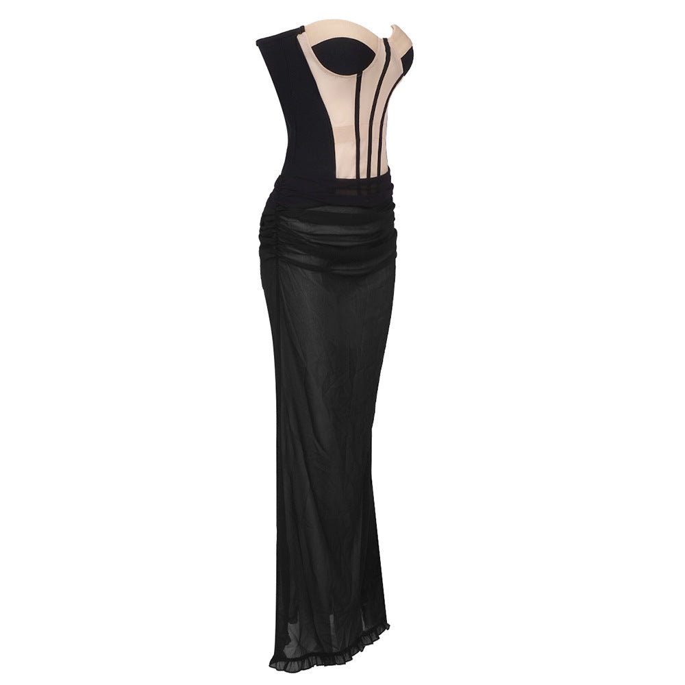 Mesh Color Block Chiffon Tube Top + Mesh Maxi Skirt