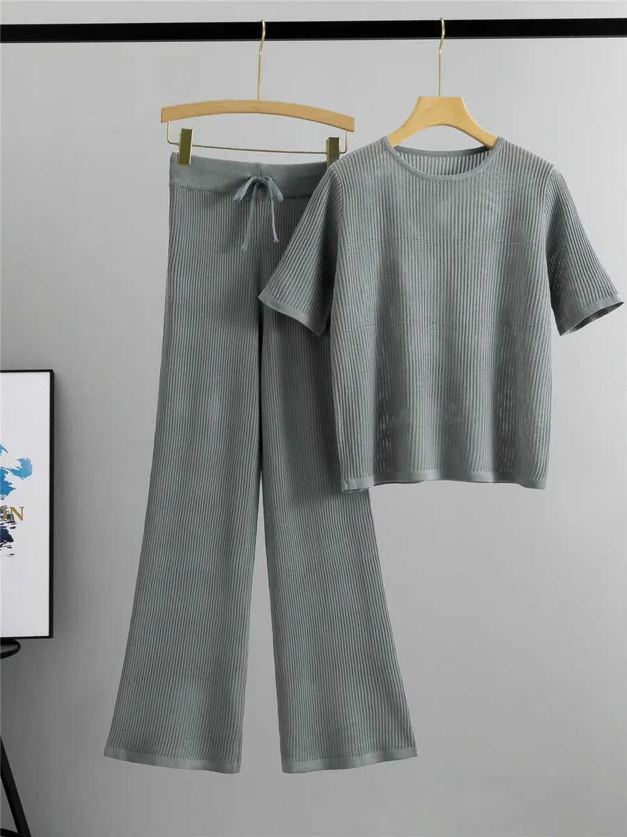 Semi Transparent Loose Knit T-Shirt + Wide Leg Pants Set