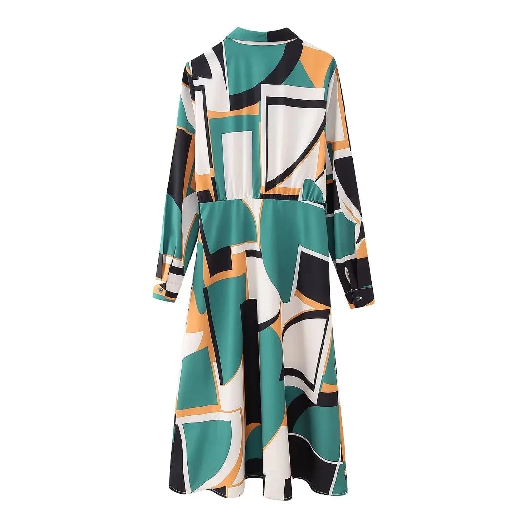 Green Geometric Printed Long Sleeve Midi Dress