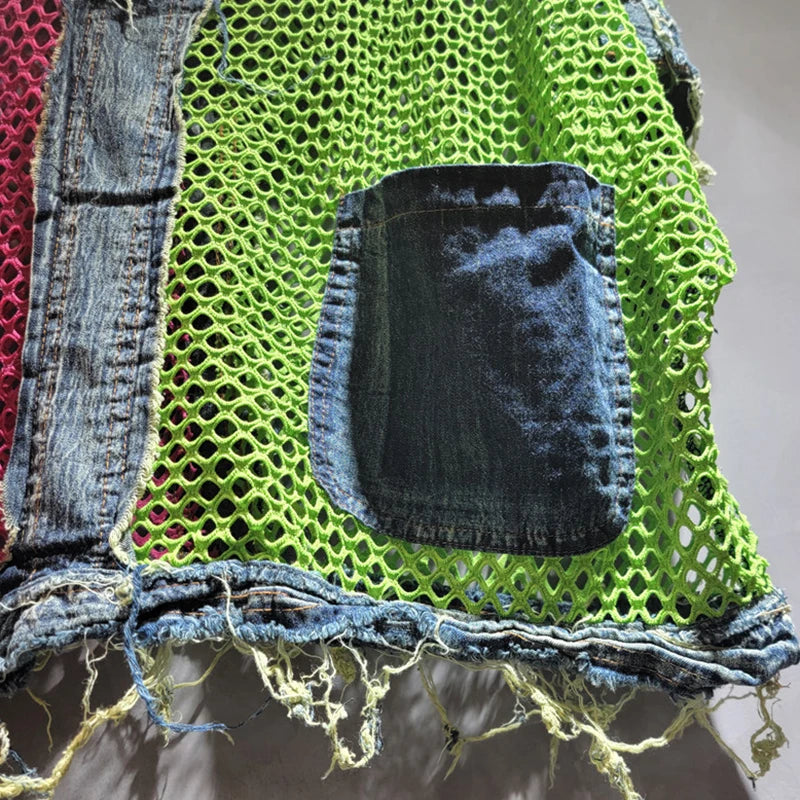 Patchwork Contrast Color Burrs Denim Pockets Top + Elastic Waist Pants
