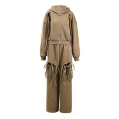 Solid Hollow Strap Hoodie + Hollow Wide Leg Pants