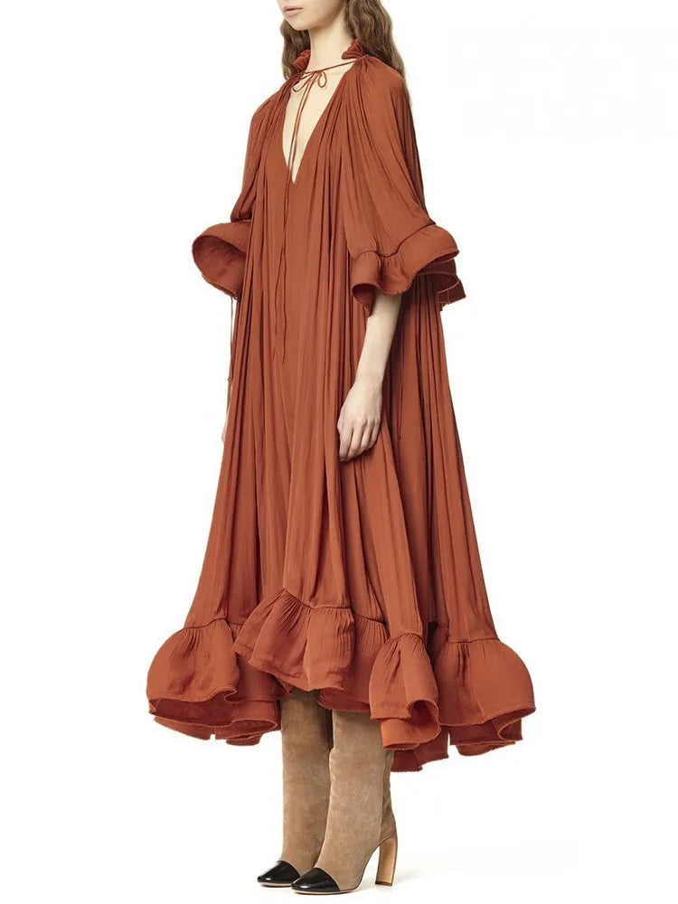 Deep V-Neck Patchwork Ruffles Spliced Lace Up Dress