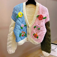 Color Block Rod Needle Knitted 3D Hook Flower Cardigan