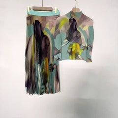 Stand Collar Top+Pleated Skirt Set