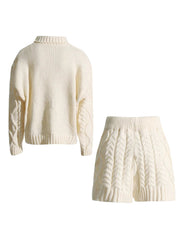Turtleneck Sweater Tie-Waist Shorts Cableknit Set