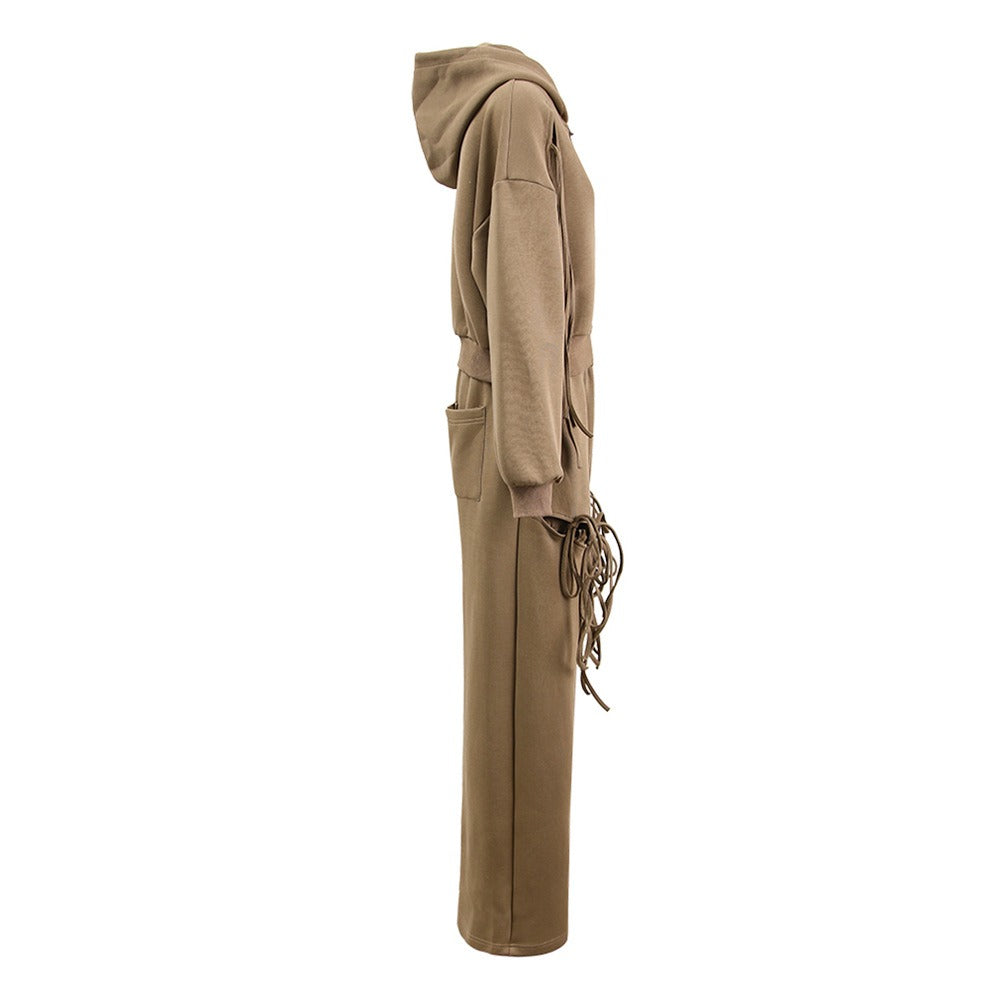 Solid Hollow Strap Hoodie + Hollow Wide Leg Pants