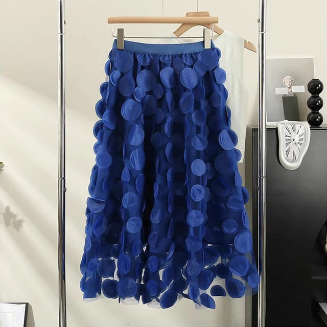 High-Waist Polka Dots A-Line Mesh Midi Skirt