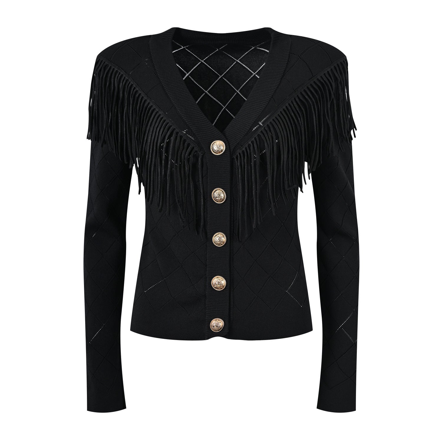 Diamond Grid V-Neck Tassel Slim Fit Cardigan