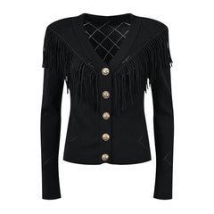 Diamond Grid V-Neck Tassel Slim Fit Cardigan