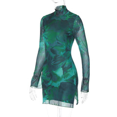 Mesh Casual Printed Hip Wrapped Mini Dress