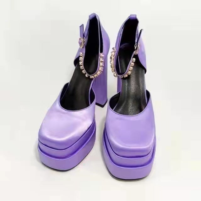 Chunky High Heel Square Toe Satin Sandals
