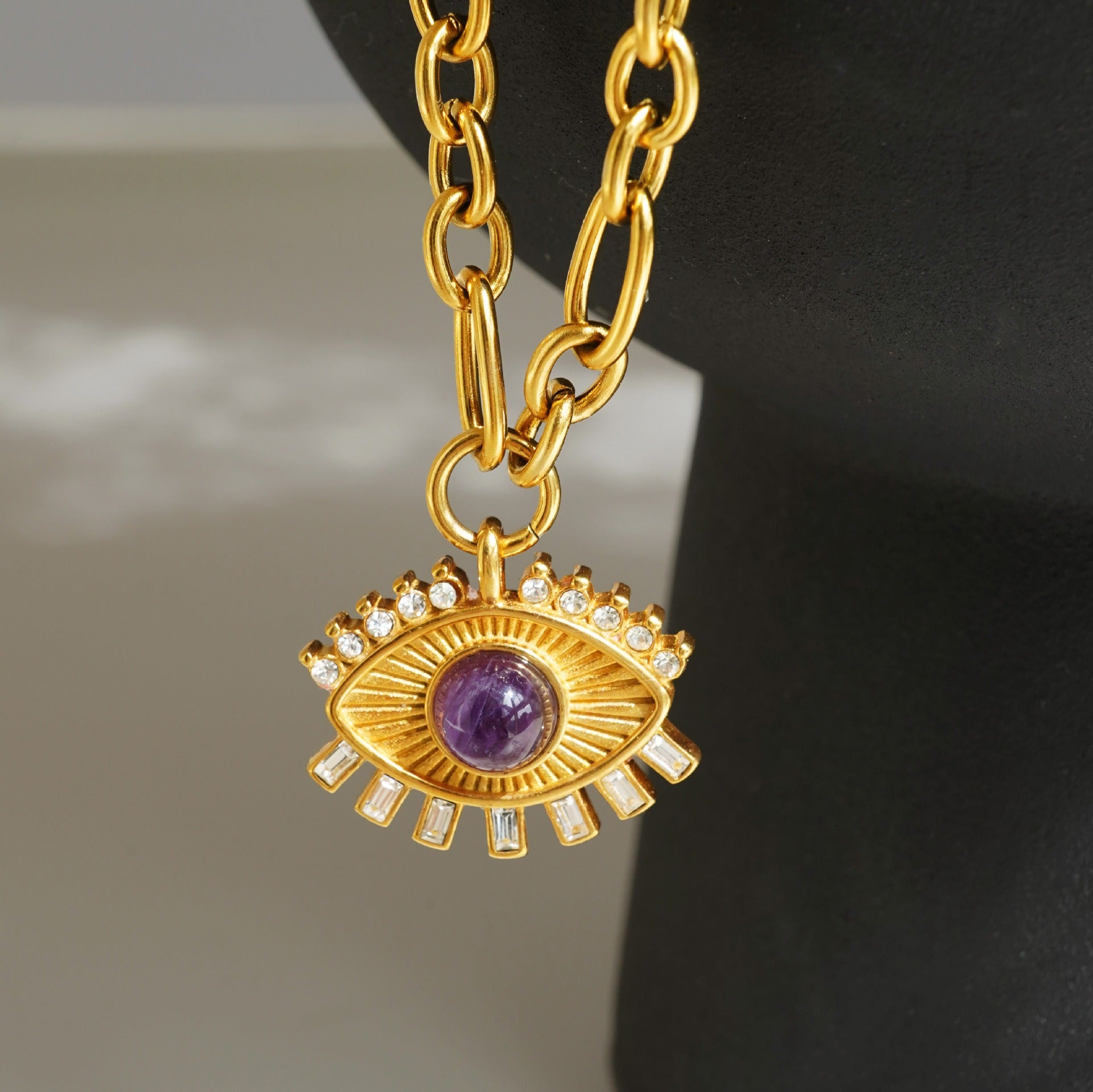 Gold Titanium Steel Eye Zircon Pendant Necklace