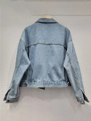 Colorful Crystal Single Breasted Pearl Denim Jacket