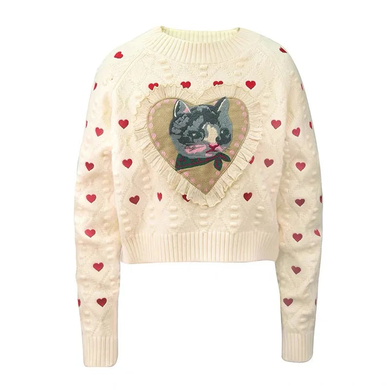 Cat Heart Jacquard Long Sleeve Knit Sweater