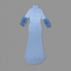 Blue High Neck Feather Long Sleeve Slim Fit Dress