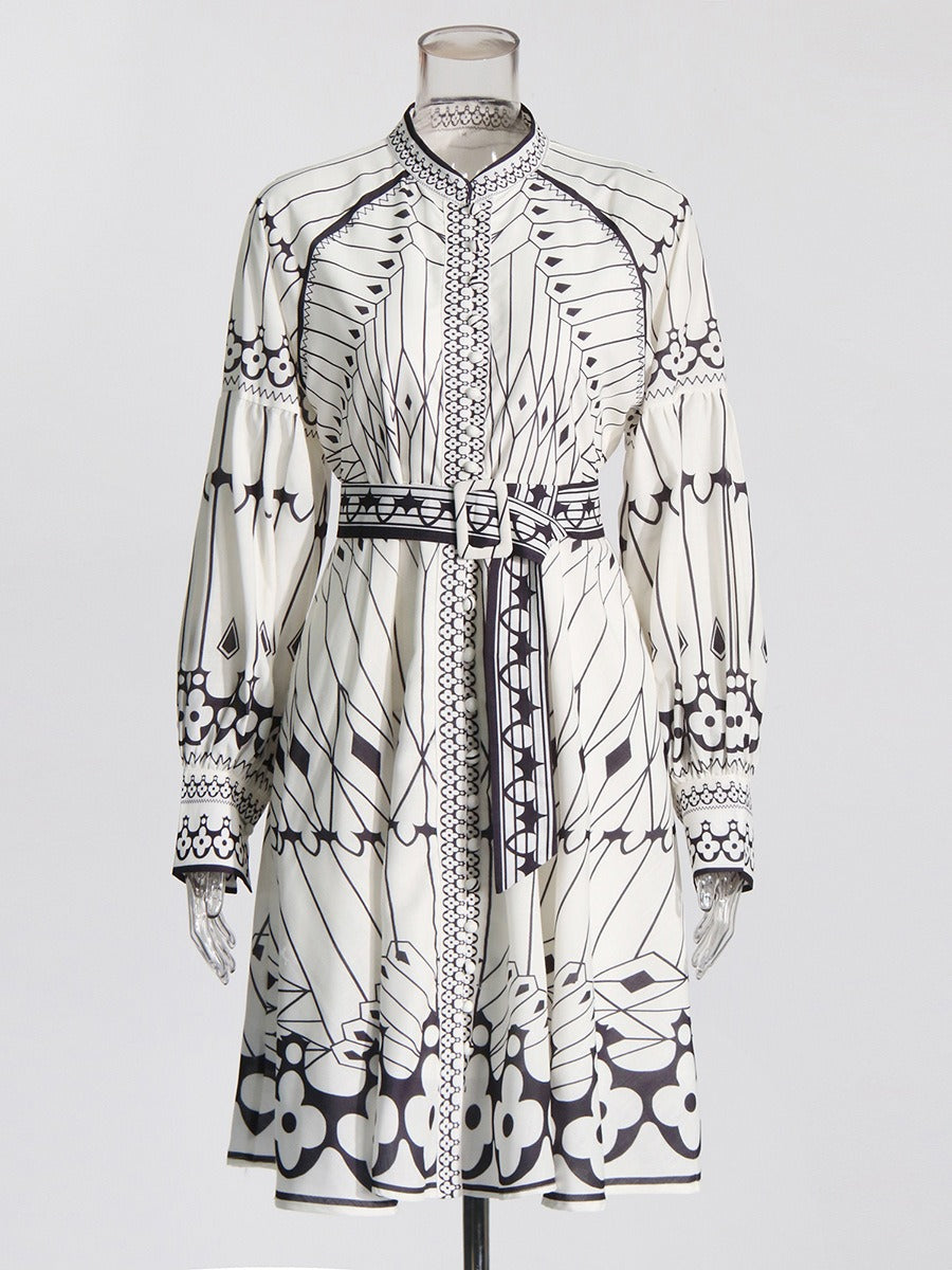 Printed Stand Collar Lantern Sleeve Dress