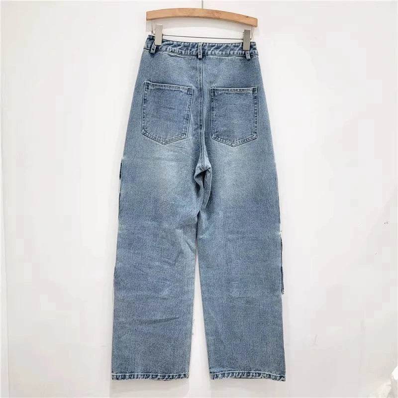 High Waist Straight Wide Leg Multiple Pockets Denim Pants