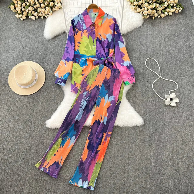 Multicolor Shirt+Pants Pleated Set