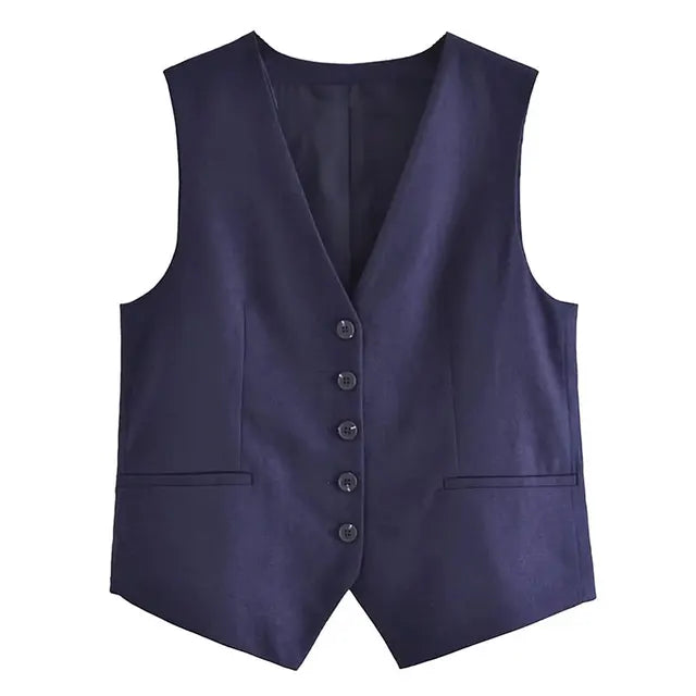 Solid Button Sleeveless Linen Vest + Shorts Set