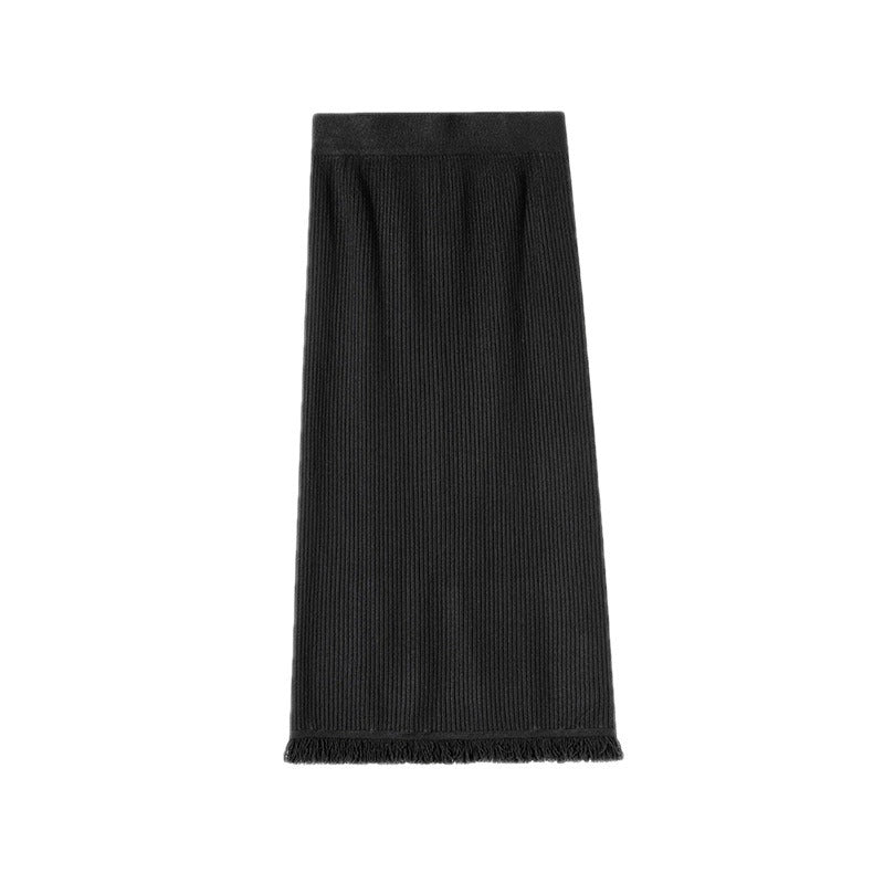 Back Slit Tassel Knitted Midi Skirt