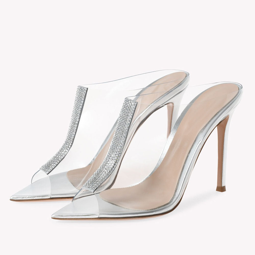 Transparent One Line Rhinestone Stiletto Sandals