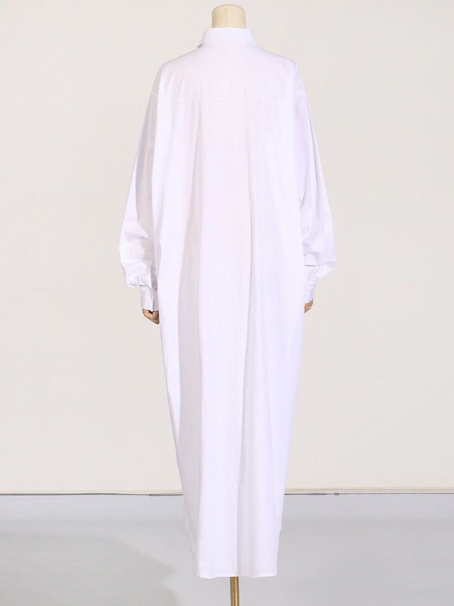 Solid Side Slit Long Sleeved Shirt Dress