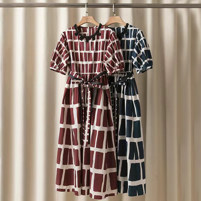 Geometric Round Neck Short Sleeve Waist Tie Dress