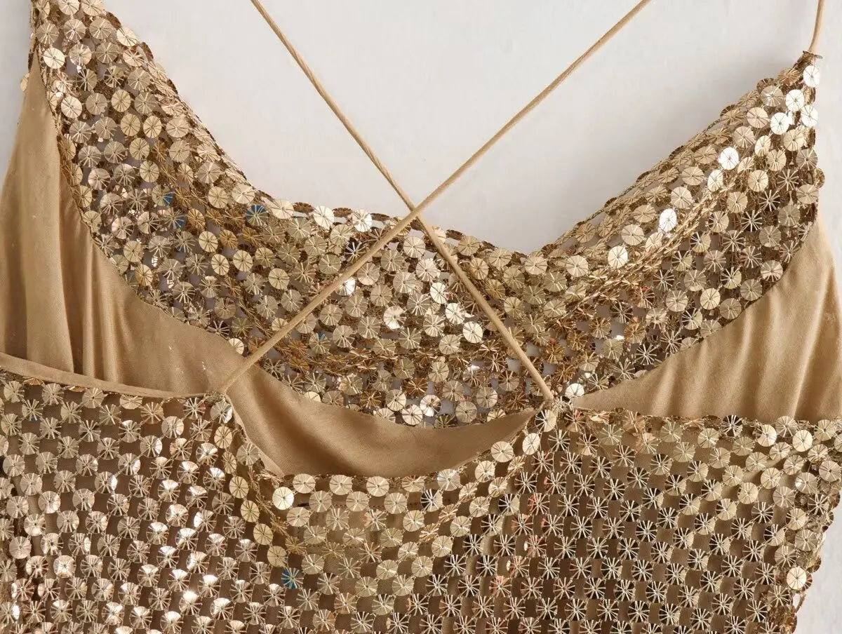 Gold Sequins Midi Party Dress