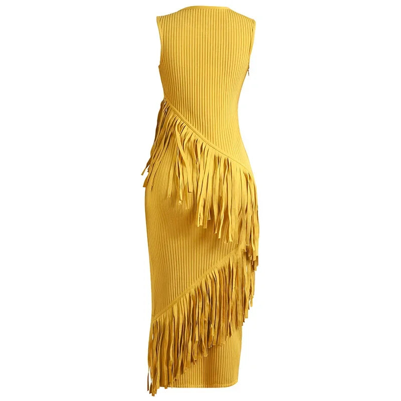 Yellow Tassel Hip Wrap Bandage Dress