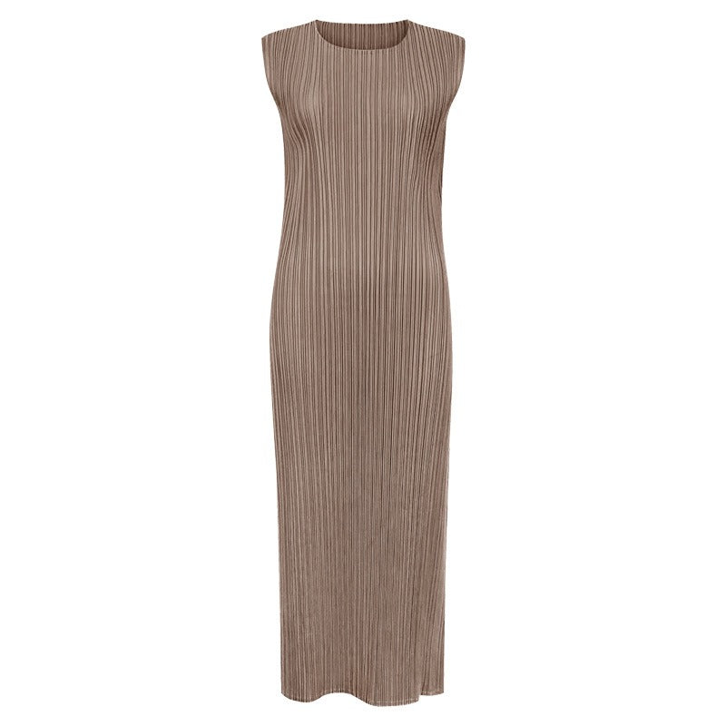 Solid Pleated Sleeveless Midi Dress