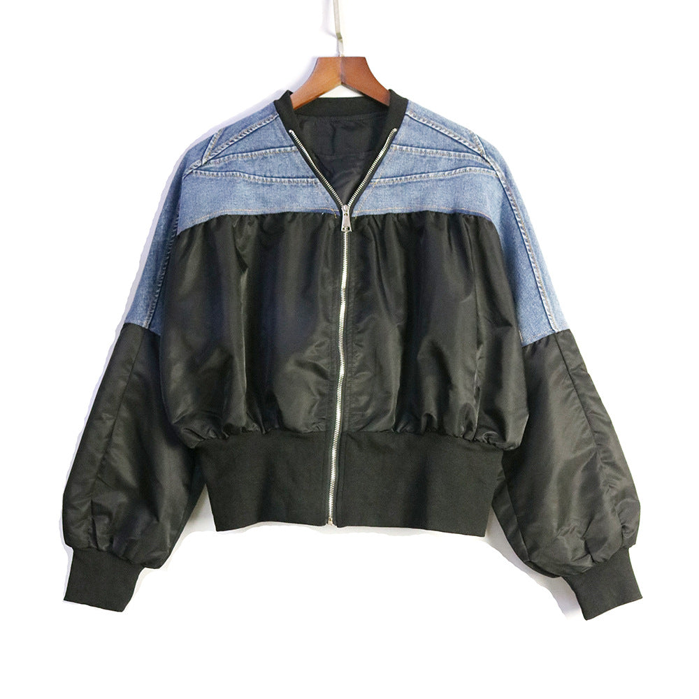 Pleated Color Block Denim Loose Jacket