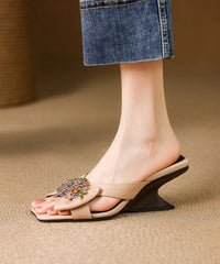 Black Wedge Sheepskin Zircon Chic Splicing Slide Sandals