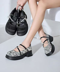 French Beige Platform Loafer Shoes Cross Strap Bead