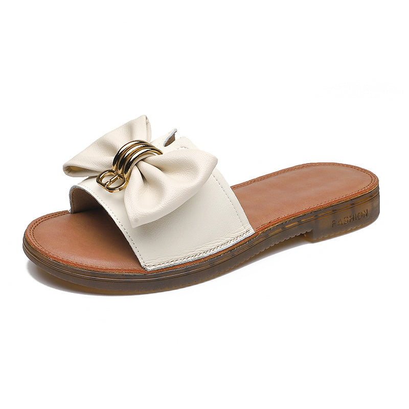 Women Retro Fashion Leather Bowknot Slippers