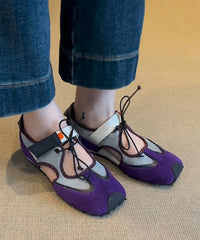 Fashion Purple Hollow Out Lace Up Splicing Flat Shoes For Women