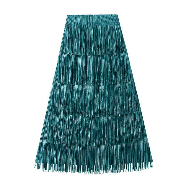 Fringe Stretch Waist Pleated Skirt