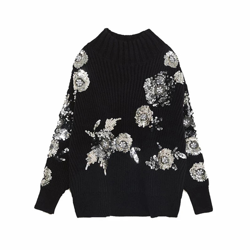 Sequined Flower Knitted Long Sleeved Sweater