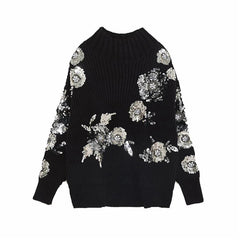 Sequined Flower Knitted Long Sleeved Sweater