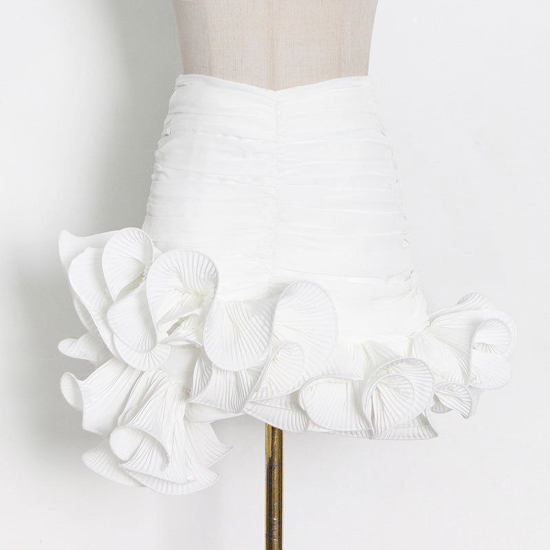 Milky White Hip-Wrapped Ruffled Patchwork Mini Skirt