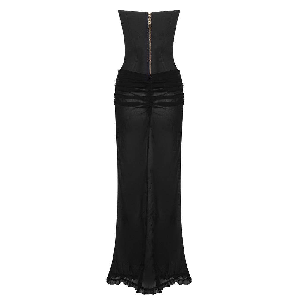 Mesh Color Block Chiffon Tube Top + Mesh Maxi Skirt