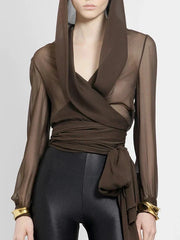 Solid Sheer Mesh Hooded Top