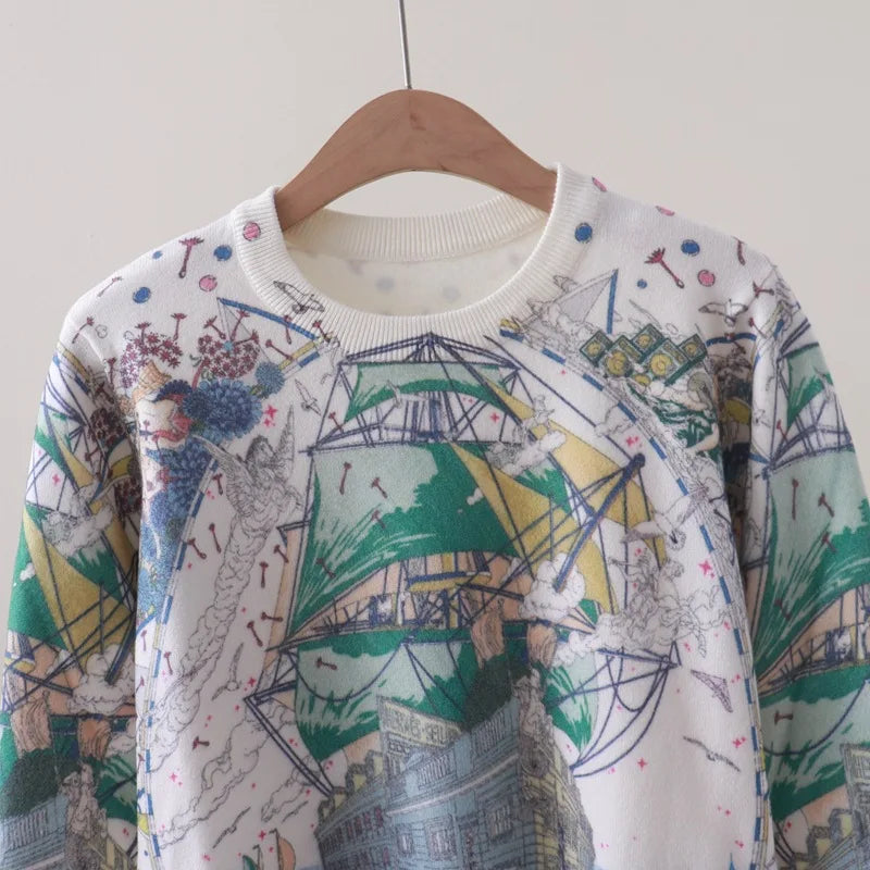 Art Print Sailboat Retro Round Neck Knitted Sweater