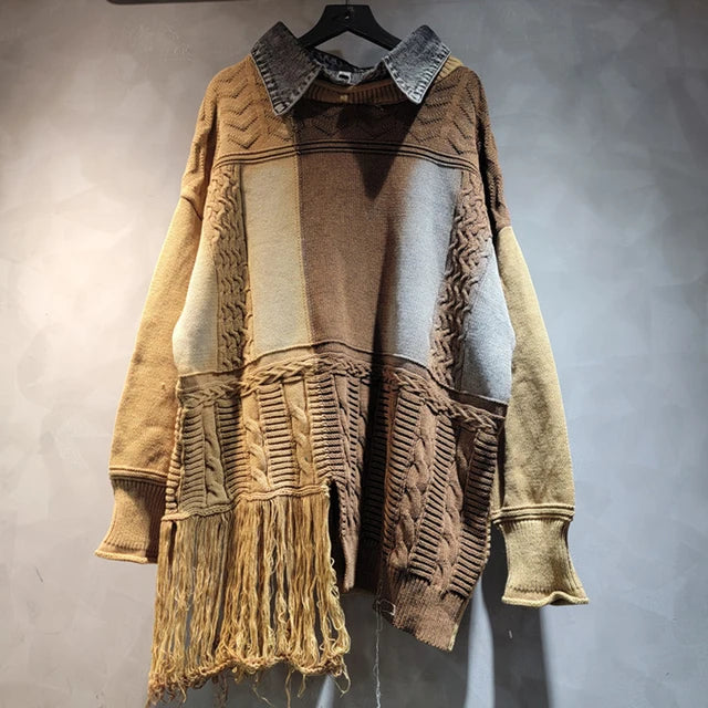 Tassel Splicing Denim Collar Long Sleeve Loose Knitted Sweater