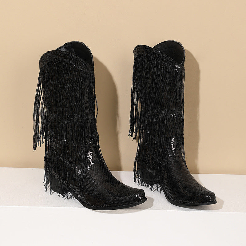 Curved Toe Sequin Tassel Mid-Calf Cowboy Boots